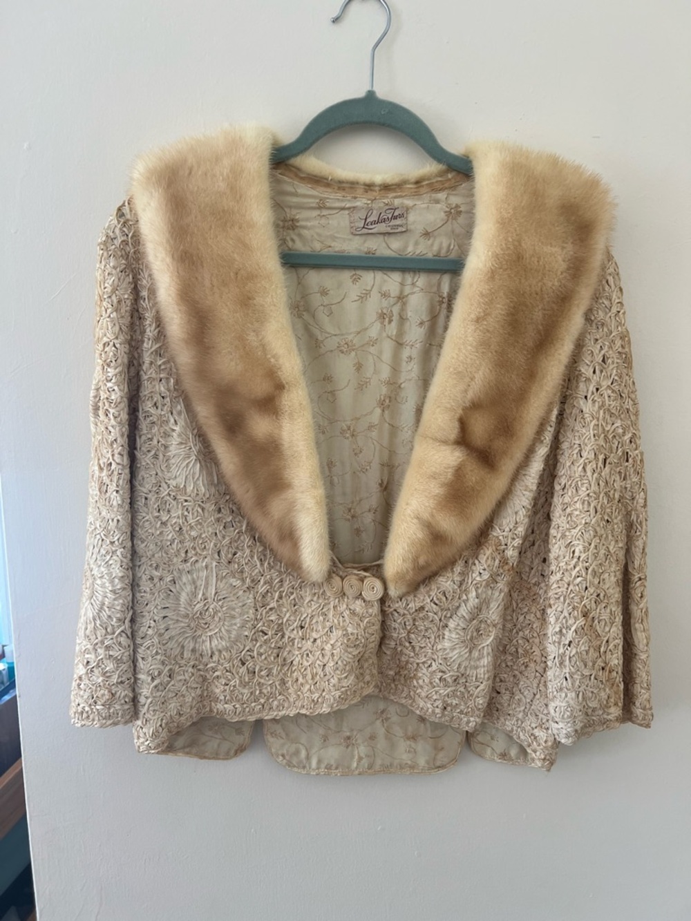 Vintage 1950s Lace Knit Sweater with Real Mink Fur Collar - Cream